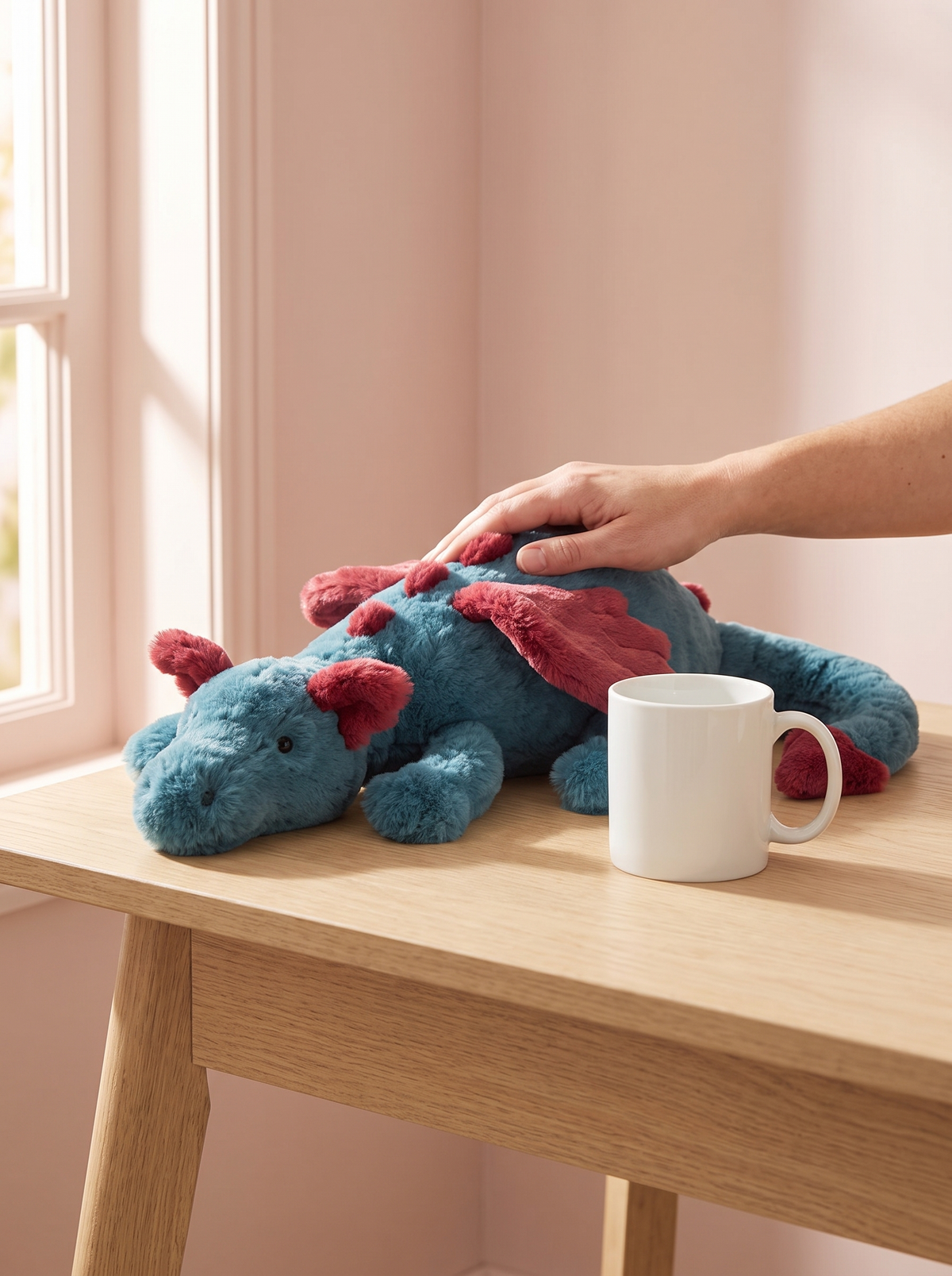 Teal and Red Dragon Plush Toy styled in a home setting