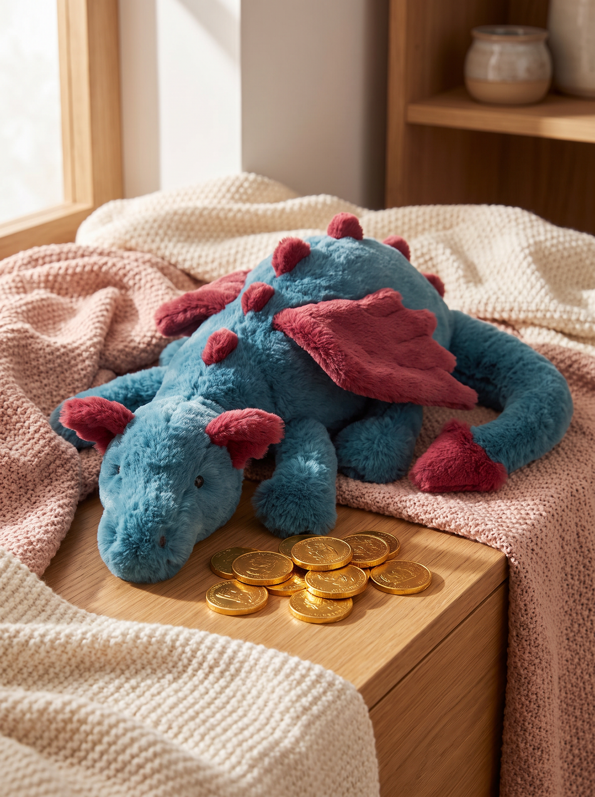 Teal and Red Dragon Plush Toy lifestyle scene