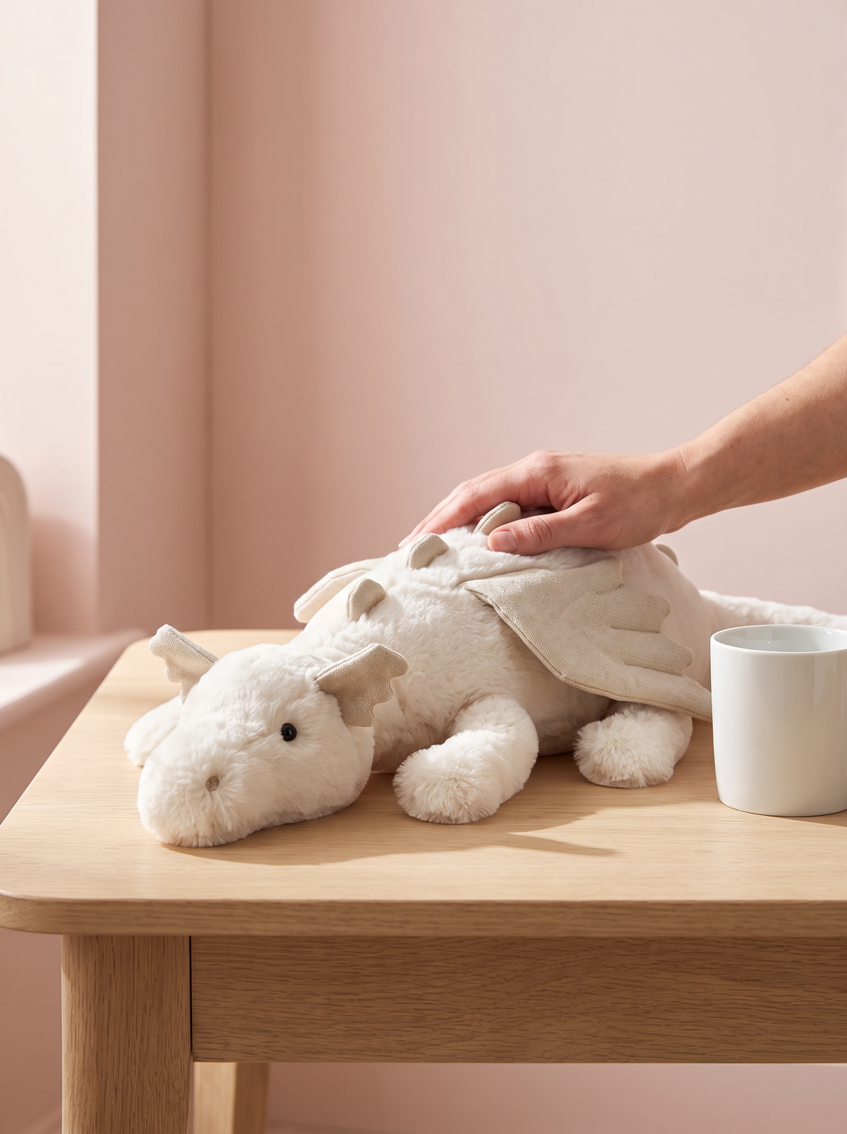 White Dragon Plush Toy styled in a home setting