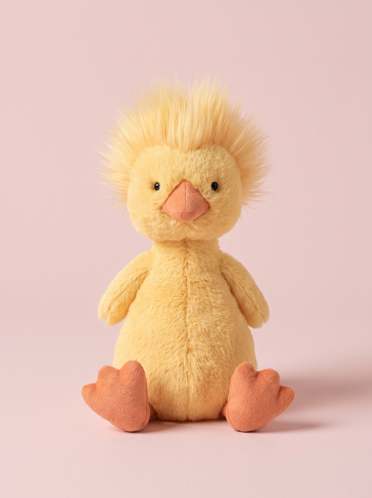 Yellow Duckling Plush Toy front view on a pink studio background