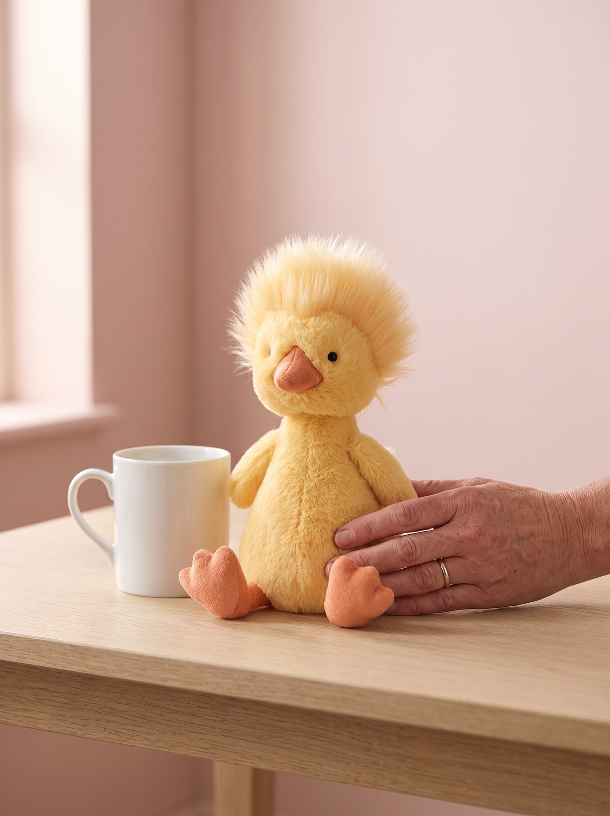 Yellow Duckling Plush Toy styled in a home setting